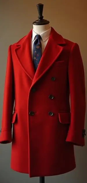 A red double-breasted overcoat styled with a dress shirt and tie.