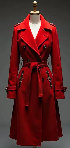 Double-breasted red trench coat with floral embellishments