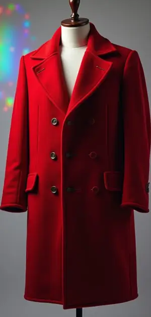 A bright red double-breasted overcoat with peak lapels and a soft structure
