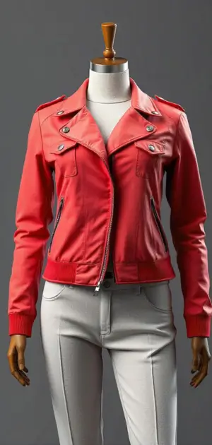 Deep red button-up leather jacket with a structured design on a mannequin.