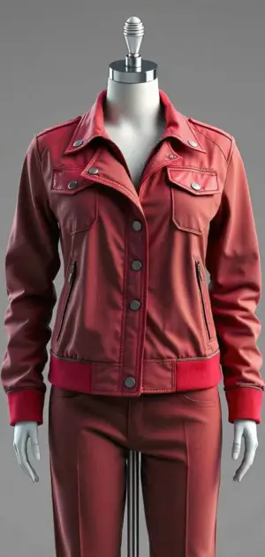 Red biker-style leather jacket with silver buttons on a mannequin