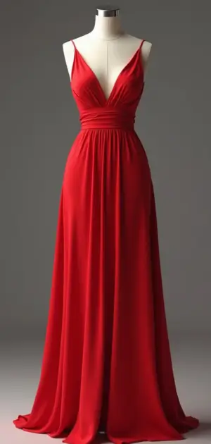 Flowing red evening gown with a ruched waist and deep V-neckline.