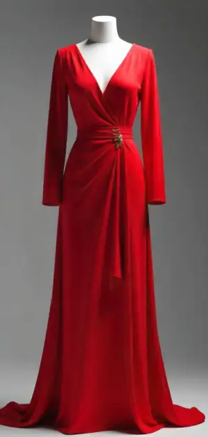 Elegant long-sleeve red gown with a V-neckline and draped waist detail