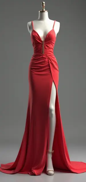 Bold red evening gown with a plunging neckline, ruched waist, and thigh-high slit