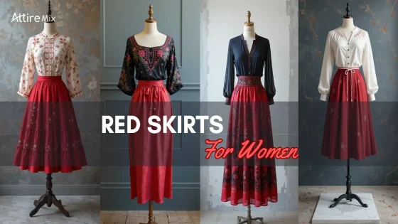 A collection of red skirts paired with fashionable tops for women.