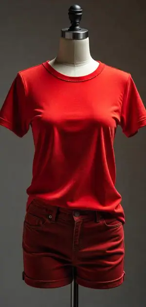 Solid red T-shirt paired with matching red shorts