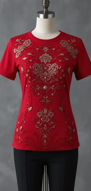 Red T-shirt with intricate golden embroidery detailing