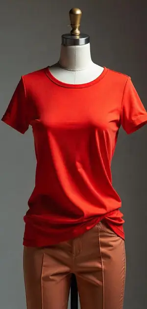 Bright red T-shirt styled with warm-toned trousers