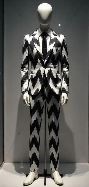 Bold black-and-white zigzag patterned suit.