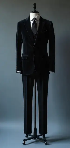 Black velvet three-piece suit with a satin lapel on a mannequin