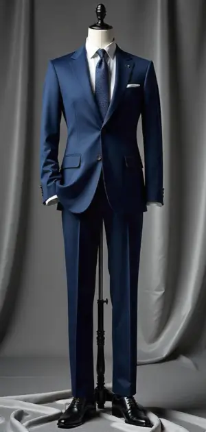 Slim-fit navy blue suit with a white pocket square on a mannequin