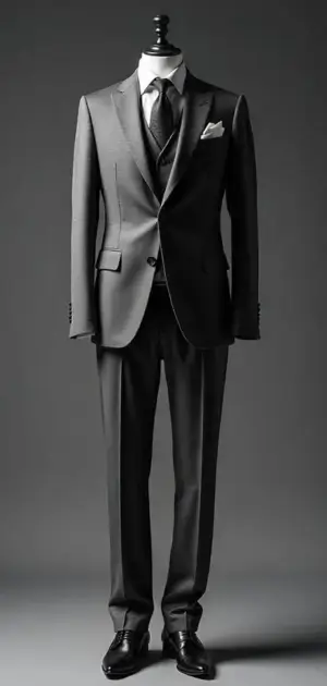 Classic grey suit with a black tie on a mannequin.