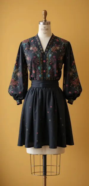 Dark floral embroidered blouse tucked into a high-waisted black mini skirt.