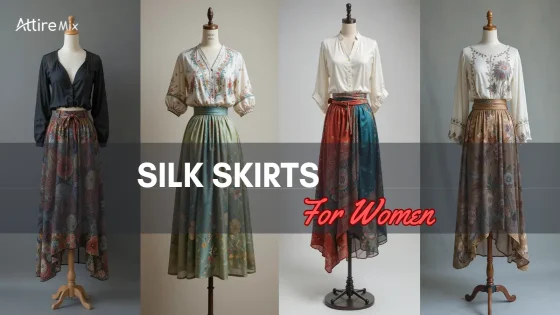 Collection of floral silk skirts paired with various elegant blouses.