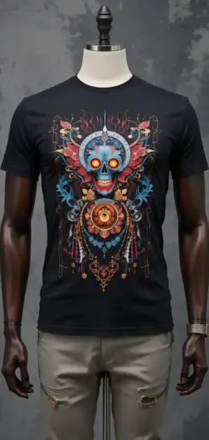 Black T-shirt with a colorful skull-themed graphic, paired with distressed grey pants