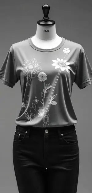 Black and white floral-printed silk T-shirt paired with black jeans