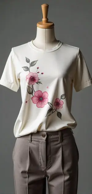 White silk T-shirt with pink floral prints, paired with beige trousers.