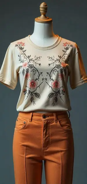 Beige silk T-shirt with pink floral embroidery, styled with orange trousers.