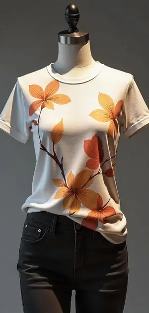 White T-shirt with orange floral prints, styled with black jeans