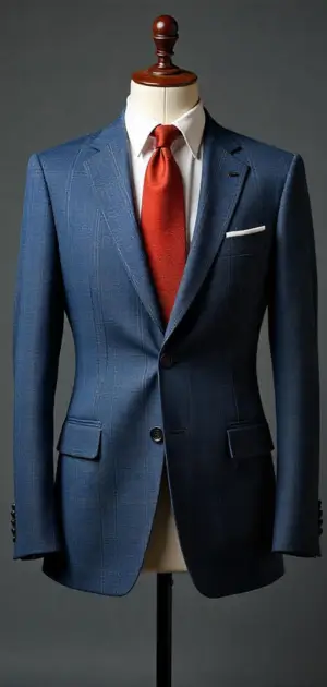 Navy blue single-breasted suit with red tie on mannequin