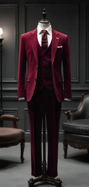 Burgundy three-piece suit with a classic white shirt.