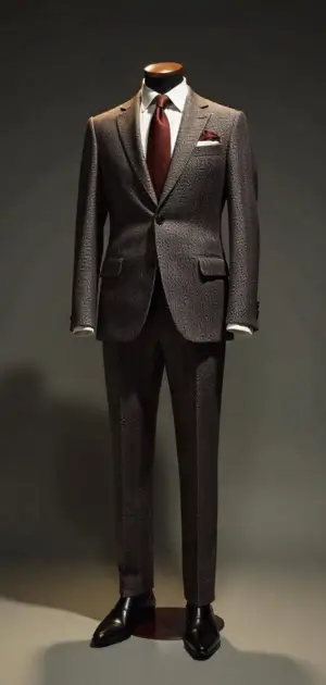 Textured brown suit with a burgundy tie and pocket square.