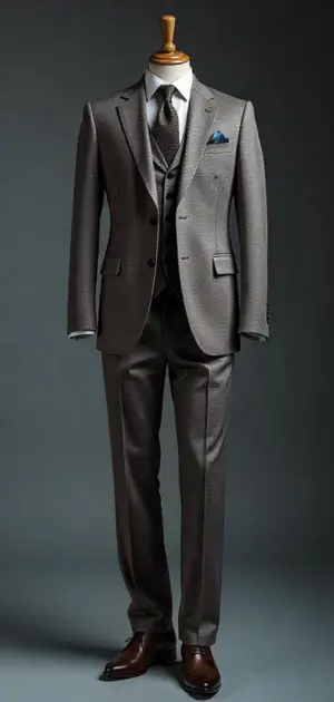 Dark brown three-piece suit with a blue pocket square.