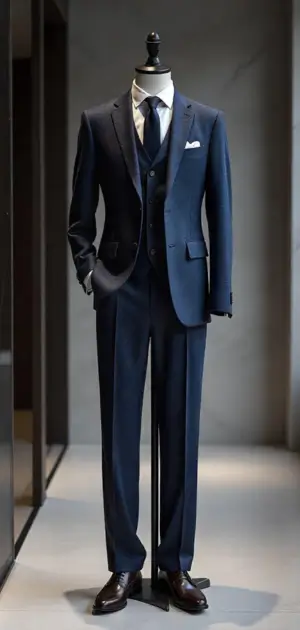 Navy blue three-piece suit with a modern fit.