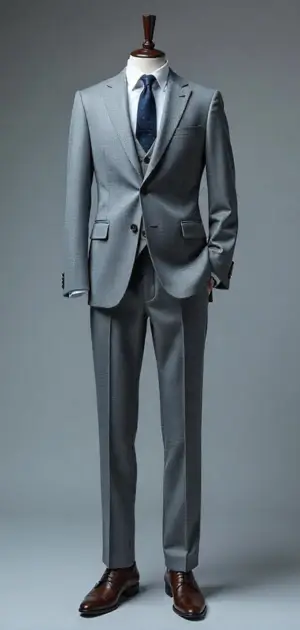 Light grey three-piece suit with brown dress shoes