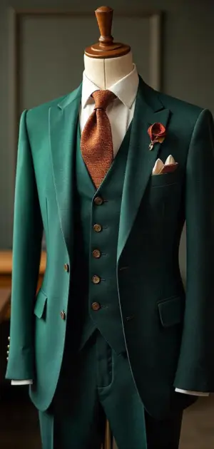 Deep green three-piece suit with a brown tie and lapel pin.