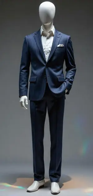 Navy blue single-breasted two-piece suit with an open-collar white shirt.