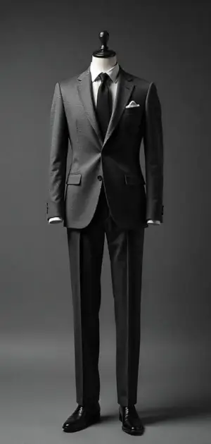 Charcoal grey suit with a crisp white pocket square