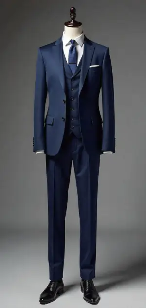 Royal blue three-piece suit with a pocket square.
