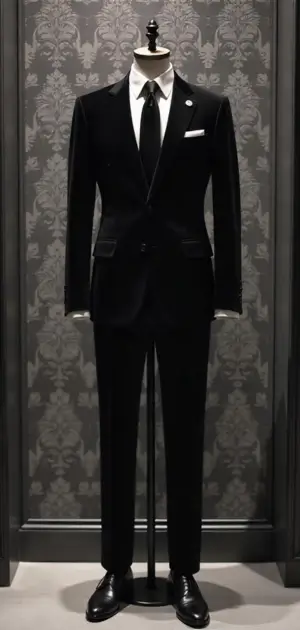 Classic black suit with a black tie on a mannequin