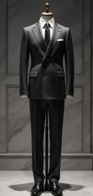 Double-breasted grey suit with a white shirt and black tie on a mannequin