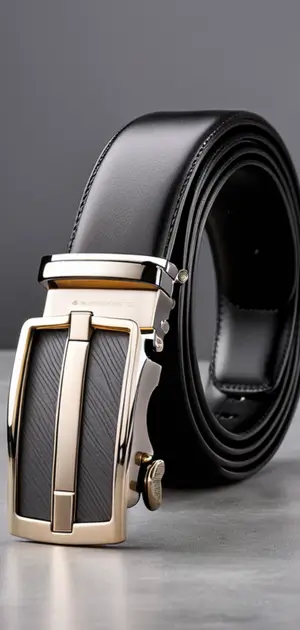 Black leather belt with gold and black automatic buckle.