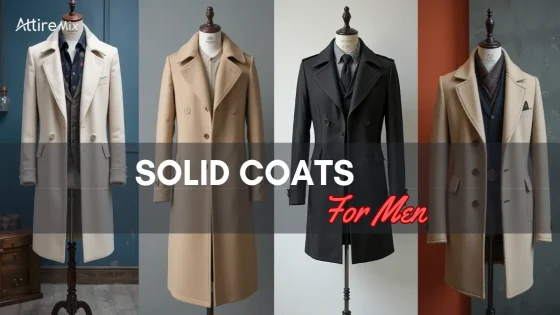 A collection of men's solid coats in black, camel, and cream shades.