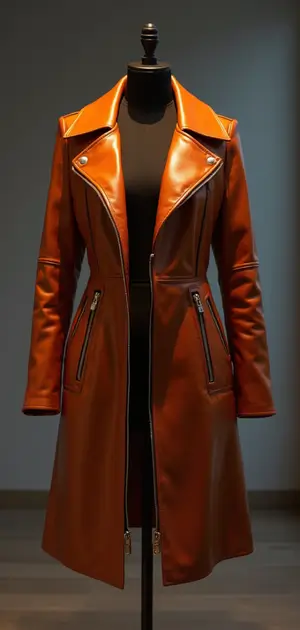 Burnt orange leather trench coat with zipper details