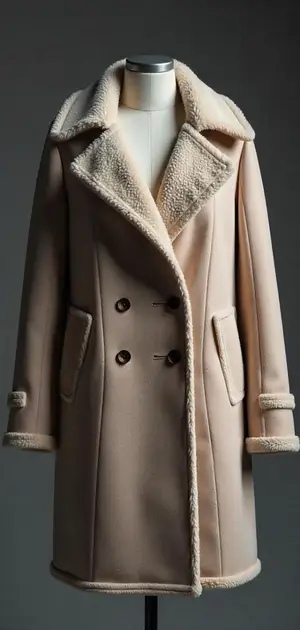 Beige shearling-lined wool coat with wide lapels.