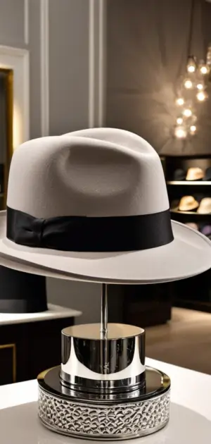 A white formal fedora with a black satin band displayed on a stand.