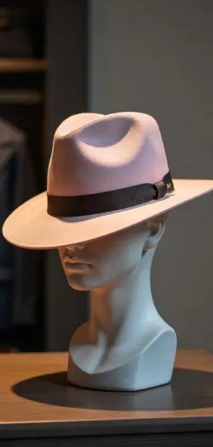 A light pink formal fedora with a brown ribbon on a mannequin.
