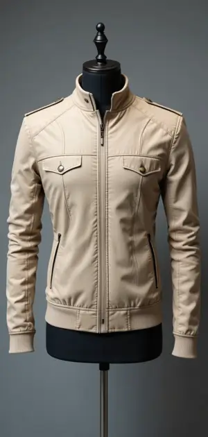 Beige slim-fit jacket with zip closure and pocket details.
