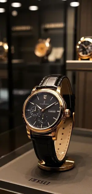 Black and gold wristwatch with a skeleton dial, showcased in an upscale watch boutique.
