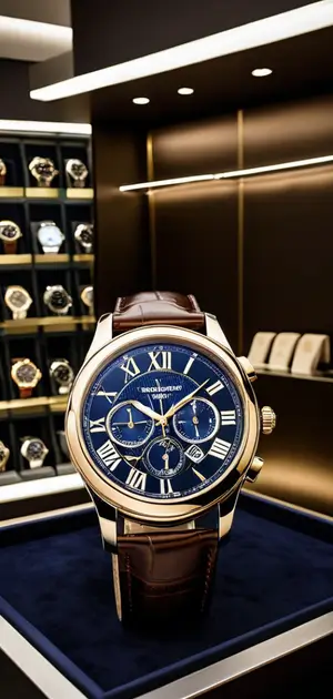 Blue and gold luxury wristwatch with a brown leather strap on a velvet display