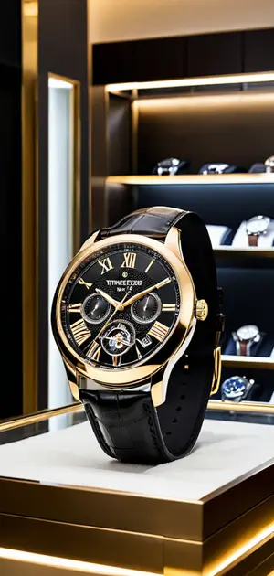 Elegant black and gold wristwatch with a leather strap displayed in a luxury watch store.