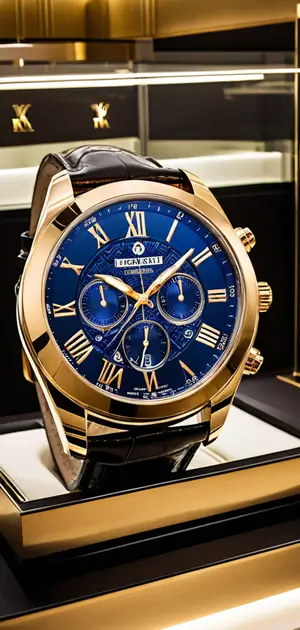 Luxury blue chronograph watch with silver accents and a black leather strap.