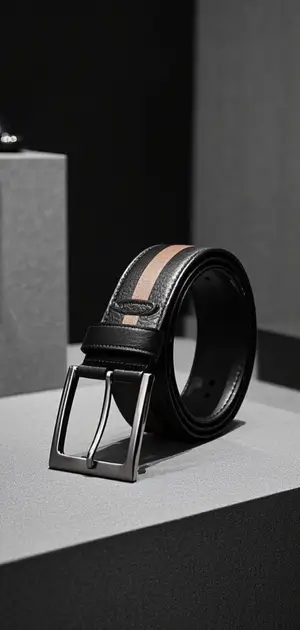 Black leather belt with beige stripe and silver buckle.