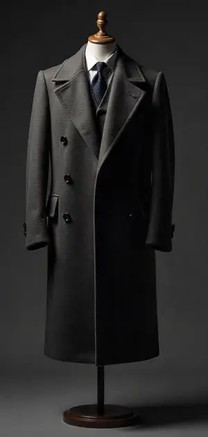 A dark grey double-breasted overcoat with an elegant, long silhouette
