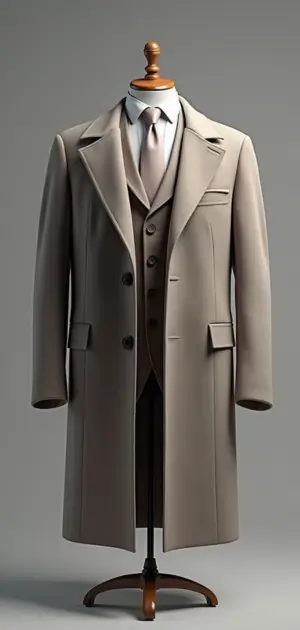 A beige three-piece suit styled with a matching overcoat on a mannequin