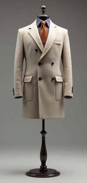 A beige double-breasted overcoat with dark contrast trim and peak lapels.